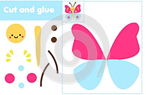 Cut and paste children educational game. Paper cutting activity. Make butterfly with glue and scissors. Stickers fun for toddlers