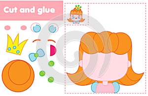 Cut and paste children educational game. Paper cutting activity. Make a princess with glue and scissors. DIY worksheet photo