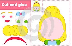 Cut and paste children educational game. Paper cutting activity. Make a princess with glue and scissors. DIY worksheet photo