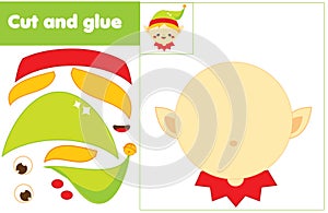 Cut and paste children educational game. Paper cutting activity. Make a Santa Christmas elf with glue and scissors. DIY worksheet