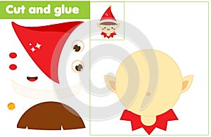 Cut and paste children educational game. Paper cutting activity. Make a Santa Christmas elf with glue and scissors. DIY worksheet