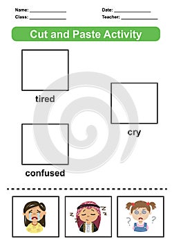 Cut and paste the emotion images. Educational game for kids.