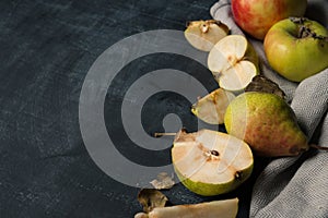 Cut pear and apple food background