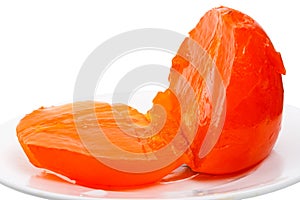 Cut persimmon on a white plate