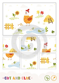 Cut the pieces, collect and glue puzzle game with colorful image of a cartoony chicken walking on a farm backyard