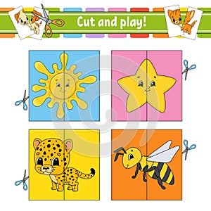 Cut and play. Flash cards. Color puzzle. Education developing worksheet. Activity page. Game for children. Funny character.
