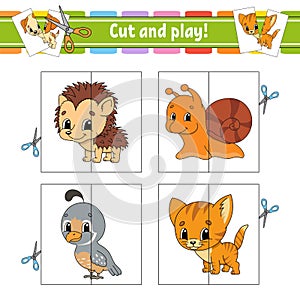 Cut and play. Flash cards. Color puzzle. Education developing worksheet. Activity page. Game for children. Funny character.