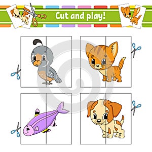 Cut and play. Flash cards. Color puzzle. Education developing worksheet. Activity page. Game for children. Funny character.