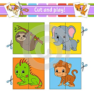 Cut and play. Flash cards. Color puzzle. Education developing worksheet. Activity page. Game for children. Funny character.