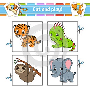 Cut and play. Flash cards. Color puzzle. Education developing worksheet. Activity page. Game for children. Funny character.