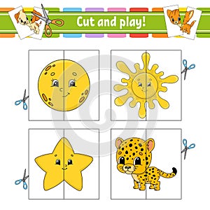 Cut and play. Flash cards. Color puzzle. Education developing worksheet. Activity page. Game for children. Funny character.