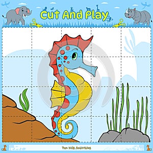 Cut and play puzzle animal game for kids Seahorse