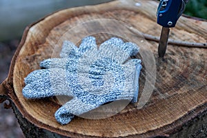 Cut-proof gloves for a young boy cutting the bark off a tree with a sharp knife as pocket knife as perfect outdoor-equipment fon