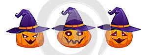 Cut pumpkins with witch hats set. Halloween characters. Elements in cartoon style for designs. Colorful vector Illustration