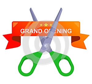 cut the red ribbon with scissors. grand opening of the enterprise.