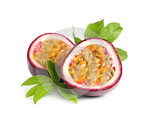Cut ripe passion fruit with leaves isolated on white