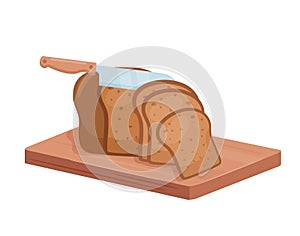 Cut rye bread, isometric chef knife cutting bread loaf on kitchen board, chopped food