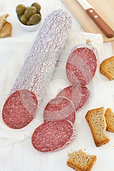 Cut salami with olives