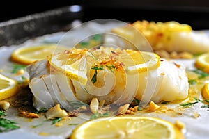 cut-through shot of baked cod, lemon pieces visible inside