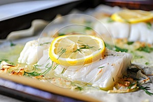 cut-through shot of baked cod, lemon pieces visible inside