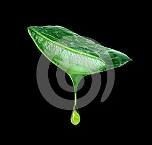 Cut slice of aloe vera stem with dripping drop close up isolated on a black background