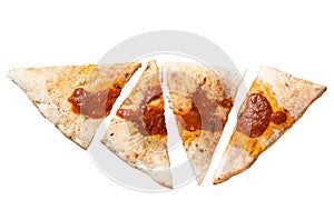 Cut and sliced Calzone closed pizza with ham and cheese Isolated on white background, top view.