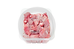 Cut into small pieces of raw pork meat in plastic pacaging.