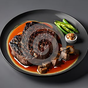 A Cut of Steak With Green Beans on a Grey Plate Generative AI