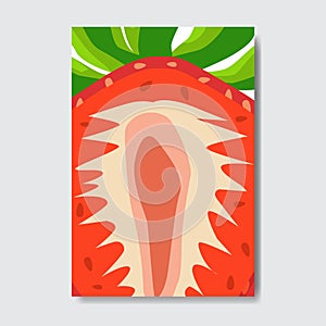 Cut strawberry template card, slice fresh fruit poster on white background, magazine cover vertical layout brochure