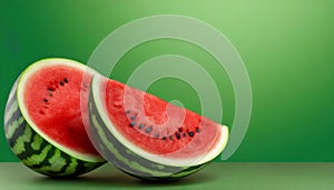 Cut sweet watermelon on green background with copy space