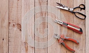 Cut of tools on wooden background