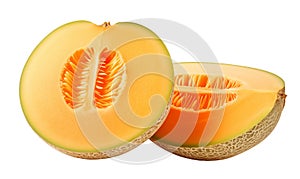 A cut up melon with a slice cut in half