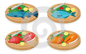 Cut up tuna fish roll and salmon minnow on wooden kitchen board concept isolated on white, cartoon vector illustration