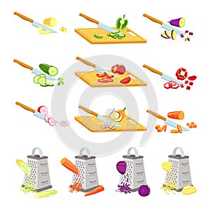 Cut vegetables on board. Knife chopping onion, tomato and radish on wooden boards. Grater rub carrot. Recipe cooking slices steps