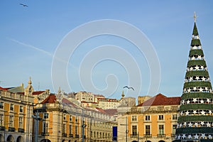 Lisbon: View from PraÃ§a do ComÃ©rcio over the hill photo