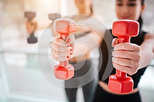 Cut view of two young women stand and exercise. They hold red dumbbells and keep them straight. Models look confident.
