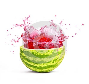 Cut watermelon with splash, isolated on white background