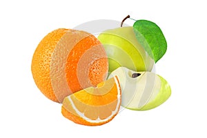 Cut and whole apple with leaf and orange fruits isolated