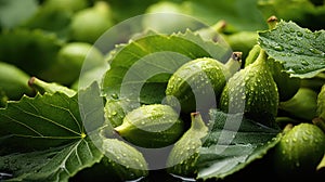 Cut and whole fresh green figs with leaves