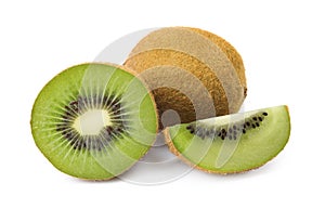 Cut and whole fresh kiwis on white