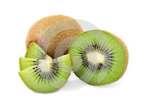 Cut and whole fresh kiwis on white