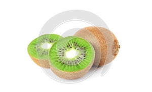 Cut and whole fresh kiwis on white background