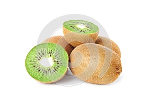 Cut and whole fresh kiwis on white background