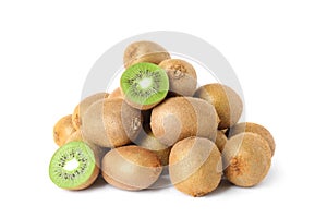 Cut and whole fresh kiwis on white background