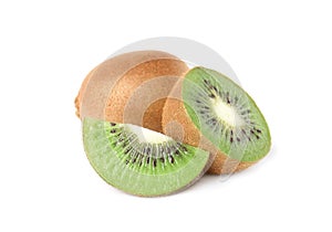 Cut and whole fresh kiwis on white background