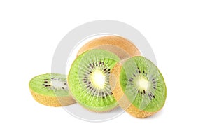 Cut and whole fresh kiwis on white background