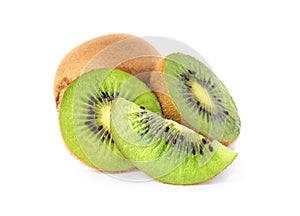 Cut and whole fresh kiwis on white background