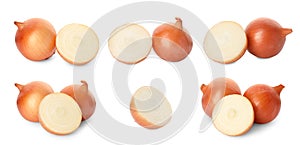 Cut and whole fresh onions isolated on white, collage design