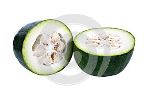 Cut winter melon half isolated on white background. Benincasa hispida plant