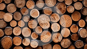 Cut wooden logs in stack with visible grain texture